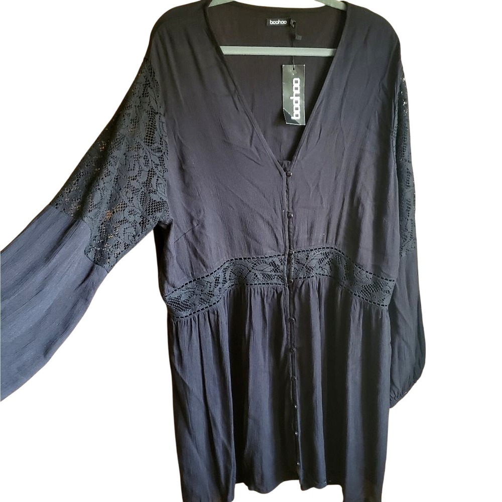 Boohoo Dress NWT Plus 16 1X Black Lacy Gauze Beach NEW Boho Long Sleeve Lace